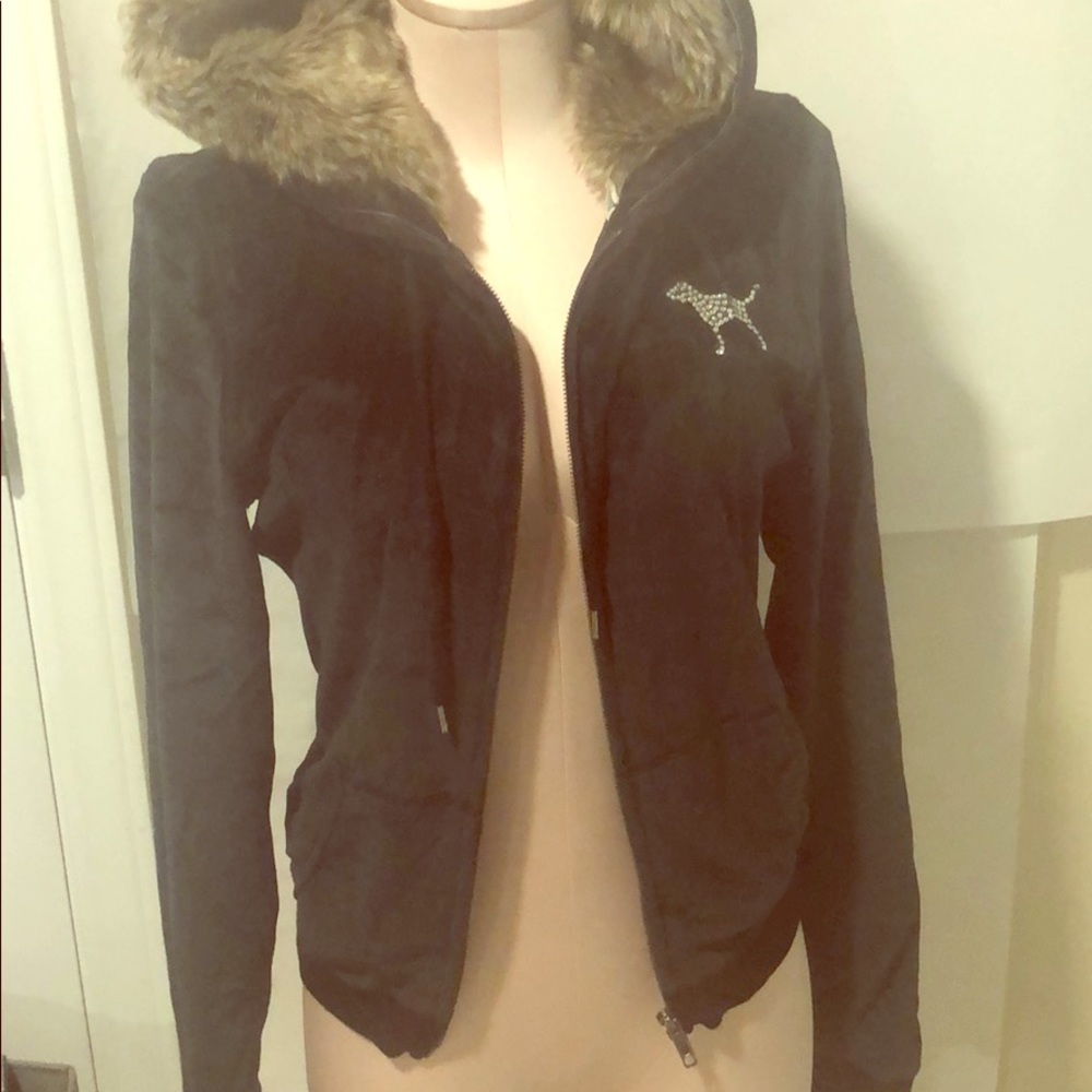 PINK Victoria's Secret Black Utility Jacket with Fur Hood